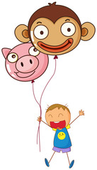 A boy holding two character balloons