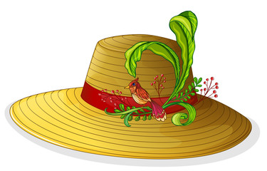 A brown hat with a bird and a plant