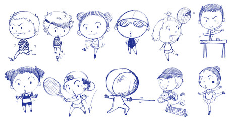 Blue doodle design of people playing with the different sports