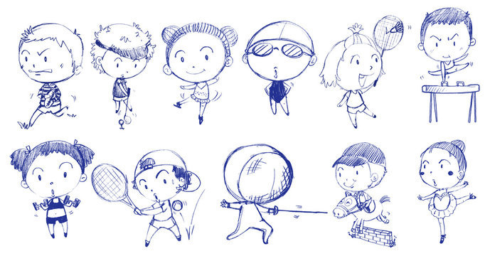 Blue doodle design of people playing with the different sports
