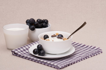 Muesli With Yogurt Breakfast. Black Grapes