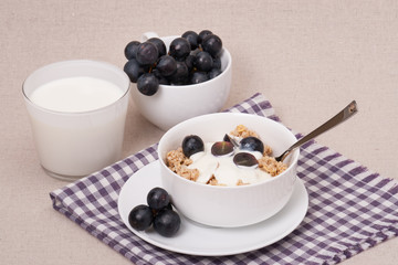Muesli With Yogurt Breakfast. Black Grapes
