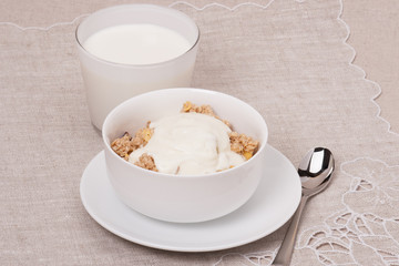 Muesli With Yogurt Breakfast. Natural Linen Background