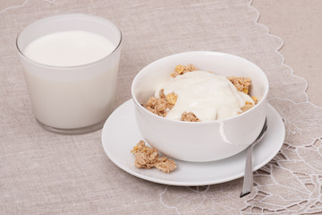 Muesli With Yogurt Breakfast. Natural Linen Background