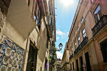 Small alley in Bairro Alto quarter, Lisbon Portugal