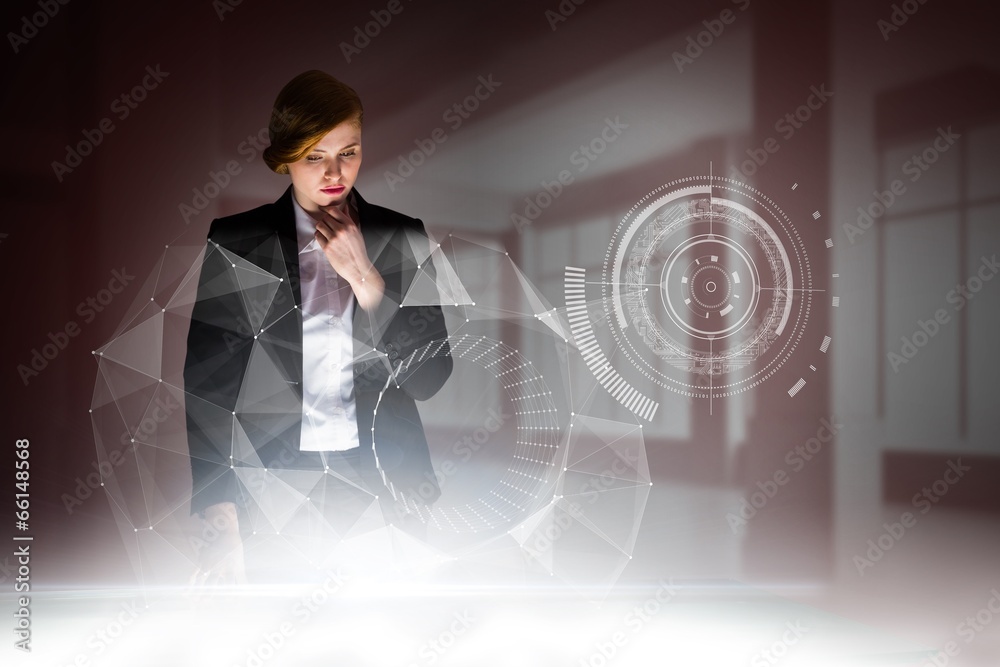 Poster composite image of redhead businesswoman using interactive desk