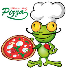 chef frog cartoon with pizza