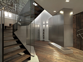 modern entrance with staircase and wood floor - obrazy, fototapety, plakaty