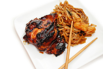 Chinese Vegetables and Noodles with Barbequed Chicken