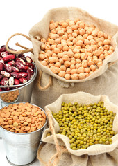 chick-pea, mung beans, kidney-beans in sacks isolated on white