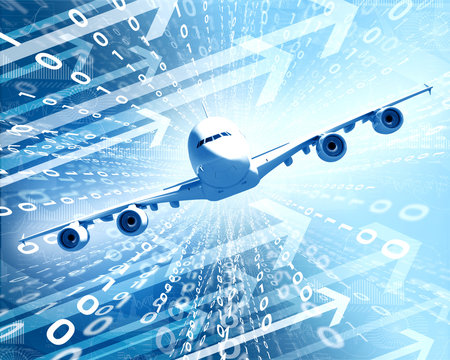 Airplane with the background of figures and arrows