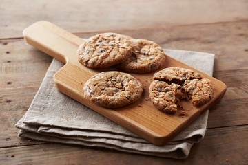 Chocolate chip cookies on wooden table