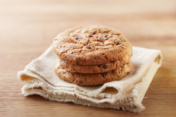 Chocolate chip cookies stacked
