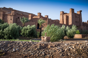 View from Ait Benhaddou Kasbah at dawn, Morocco, High Atlas Moun