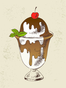 Vanilla ice cream with chocolate topping and mint in cup