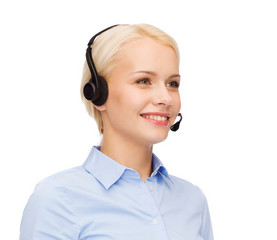 friendly female helpline operator with headphones