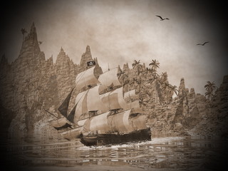 Pirate ship on the coast - 3D render