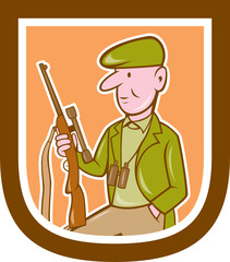 Hunter Holding Rifle Shield Cartoon