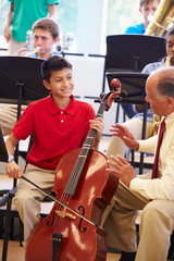 Boy Learning To Play Cello In High School Orchestra