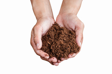 soil paet moss on hand isolated white background