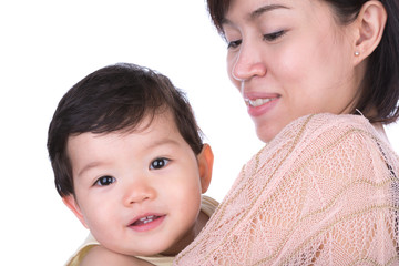 Obraz premium Closeup portrait of cute mother with child isolated on white bac