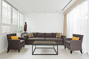 Bright Living room with grey sofa
