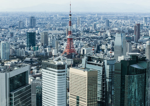 東京タワー　空撮　オフィスビル群