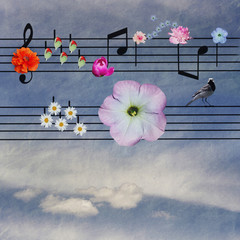 notes decorated with flowers on sky background
