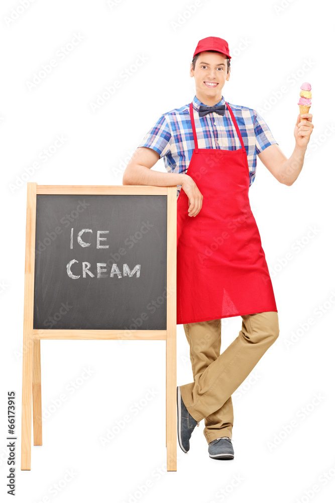 Sticker Ice cream vendor standing by a blackboard