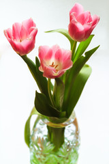 Bouquet of pink tulips in faceted crystal vase