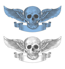Skull with wings and ribbon in vintage engraving style