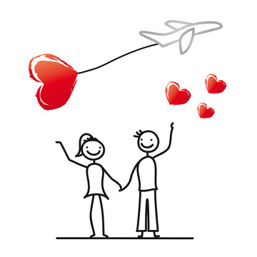 Hochzeitspaar fliegt in die Flitterwochen, Liebe, Heirat, Hochzeit und Reisen, Einladung