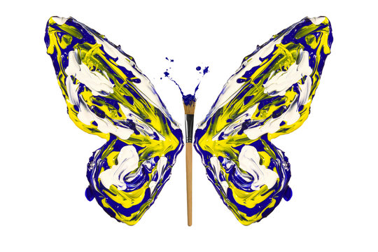 Yellow white blue paint made butterfly