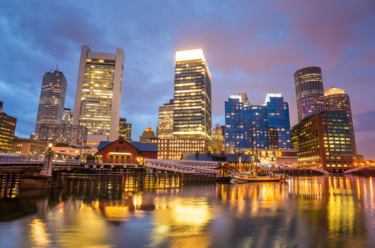 Boston Harbor and Financial District at twilight in Boston