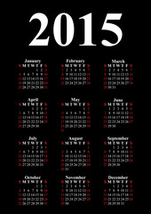 Vertical calendar for 2015 on black background. Vector EPS10.