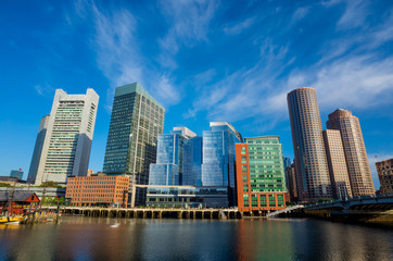 Boston waterfront with skyscrapers and bridge