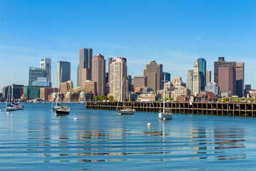 Fototapeta na wymiar Boston skyline seen from Piers Park, Massachusetts