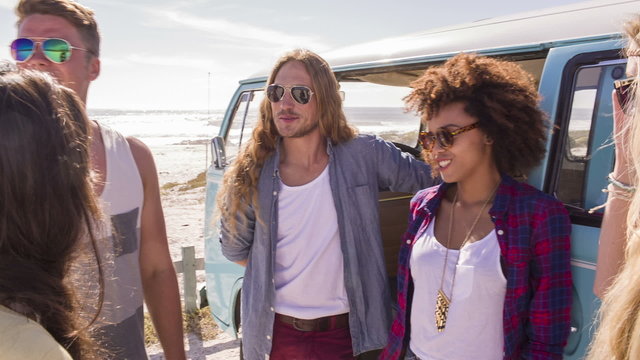 Hipster friends road trippin to the beach