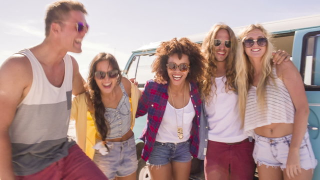 Hipster friends road trippin to the beach