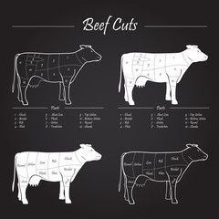 Cow beef meat cuts scheme on chalkboard - 66195928