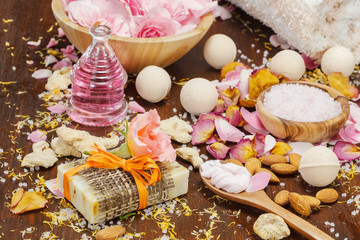 Organic skincare ingredients  Spa theme. Rose petal bath