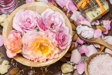 Skincare ingredients. Spa theme. Rose petal bath