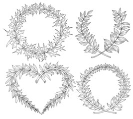 Collection with heart, wreaths, laurel, space for text. Hand dra