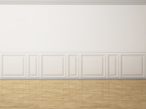 White wall in a classic style and reflection wooden floor
