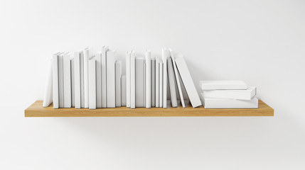 Wooden Shelf with White Book on the White Wall, Concept, Render