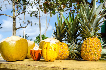 Karibische Strandbar: Ananas, Kokosnuss und Kakaofrucht :)