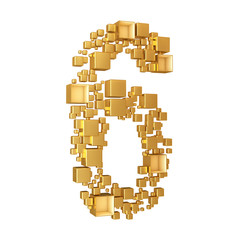 Number Six Made of Golden Cubes Isolated on White Backgroun
