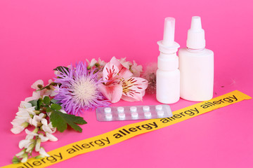 Allergenic plants and medical drugs on pink background