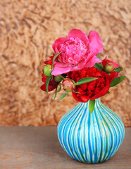 Beautiful pink peonies on brown wall background