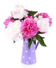 Obraz na płótnie Canvas Beautiful pink and white peonies in vase, isolated on white